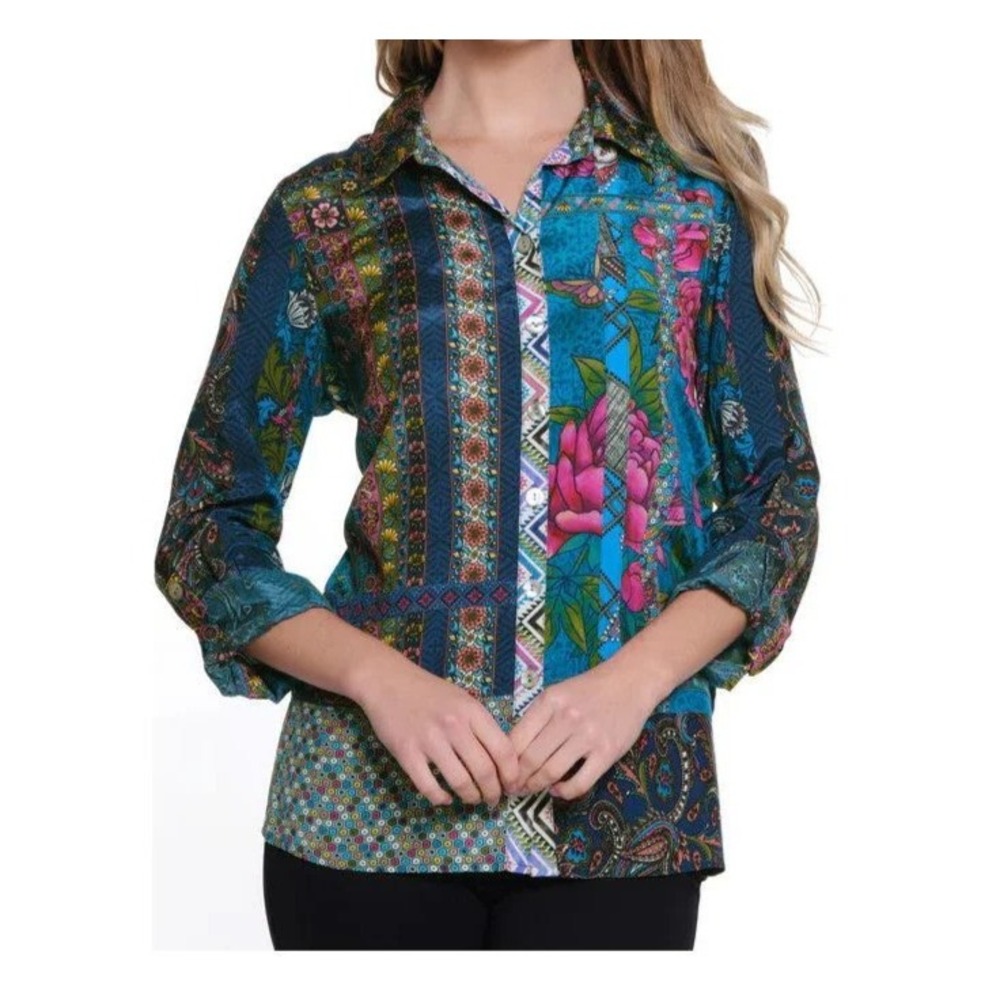 NEW John Mark Women's Size S Tunic Mixed Flora Print Roll-Tab Sleeve Blouse $119